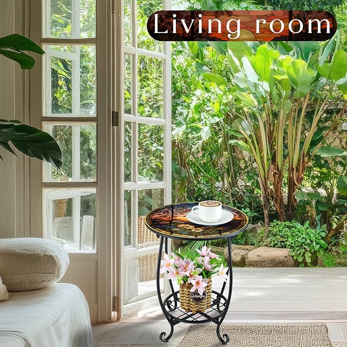 Outdoor Side Table Round Small Mosaic Patio Accent Indoor End Plant Coffee Tea Table for Yard Patio Porch Garden Living Room, Bedroom(Sunset and Flowers,14 Inch)