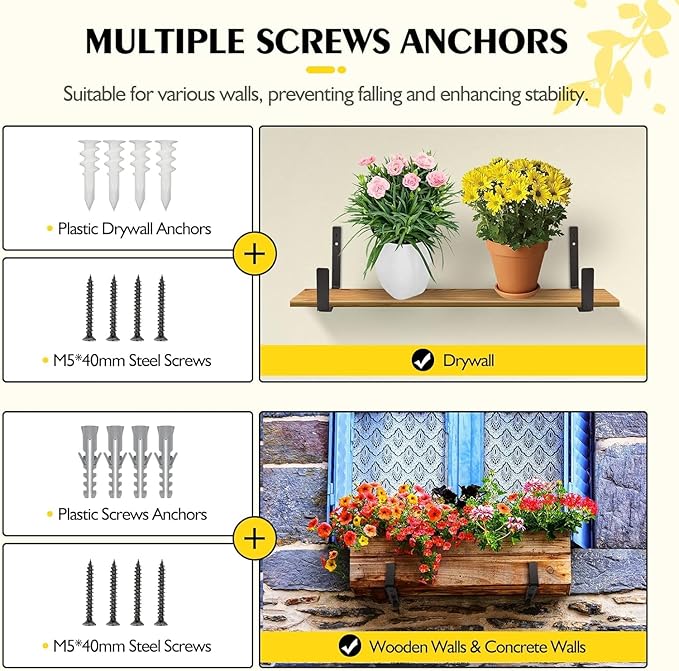 LukLoy Window Planter Box Brackets, 8 Pack Adjustable Heavy Duty Wall Mount Window Flower Boxes Outdoor with Bracket (6 to 12 in), with 70lbs Capacity, Black