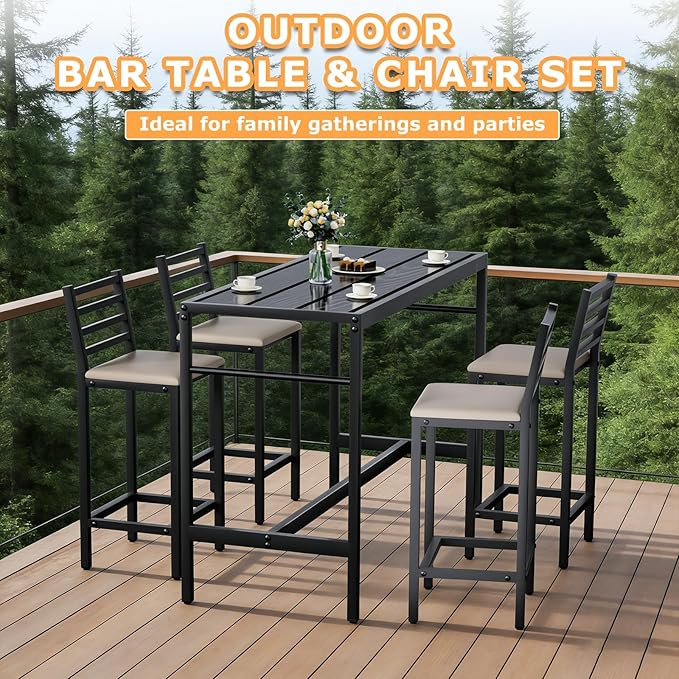5 Piece Outdoor Patio Bar Set, 54.7" Rectangular Counter Height High Top Bar Tables, 4 Cushioned 41" Bar Stools, Metal Bar Table and Chairs Set for Poolside, Balcony, Backyard, Porch
