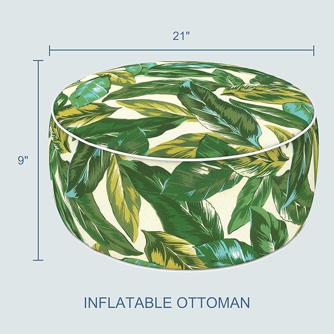 LVTXIII Indoor/Outdoor Inflatable Ottoman with Handle D21 x H9 Inch, Weather-Resistant Round Footstool Pouf for Patio Camping Living Room, Portable Footrest Extra Seating, Lush Leaf Jungle