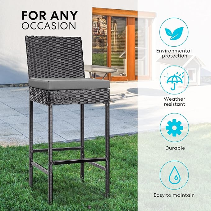 VIVOHOME Outdoor Wicker Barstool 4 Packs, Bar Chairs PE Rattan Materail, Patio Stools with Cushions, Black