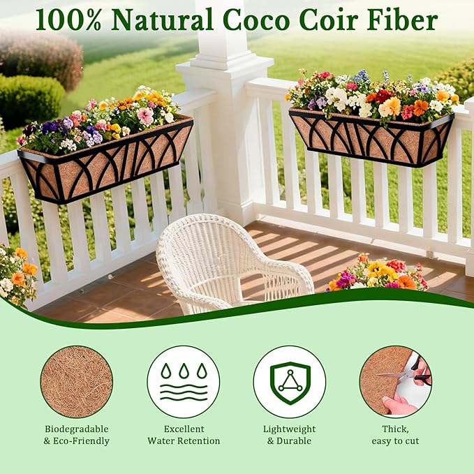 Halatool 2 Pack 30 Inch Window Box Liners Pre-Formed Trough Coconut Liner Natural Coco Fiber Liners for Planters Wall Hanging Basket Flower Pot Fence Railing