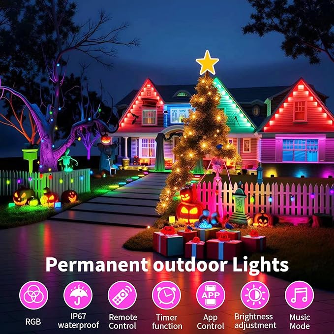 Permanent Outdoor Lights, 300ft Smart Eave Lights with RGB LED Light, IP67 Waterproof, App Control, DIY RGB Light for House Halloween Decorations