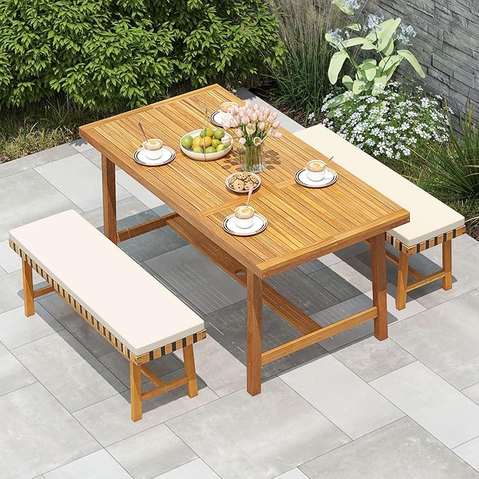Tangkula 3 Piece Patio Dining Set for 4 People, 63” Outdoor Acacia Wood Rectangular Table with 1.97” Umbrealla Hole & 2 Cushioned Bench, for Deck Yard and Poolside