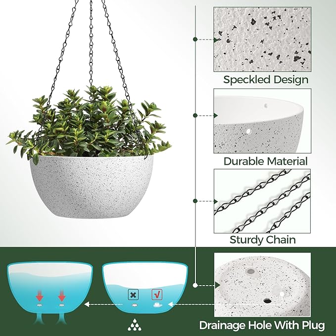 T4U Plastic Hanging Baskets 2-Pack - 12 Inch Large Hanging Flower Planter with Drainage Hole for Indoor Outdoor Plants, Round Plant Pot for Home Garden Porch Balcony Patio Decor (White)