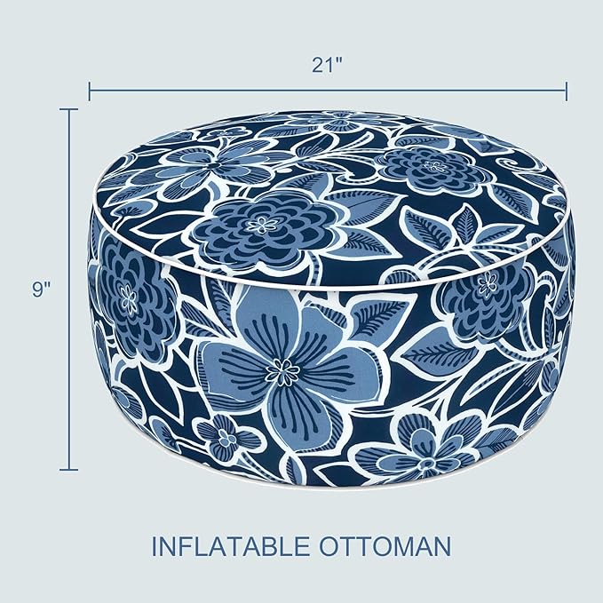 LVTXIII Indoor/Outdoor Inflatable Ottoman with Handle D21 x H9 Inch, Weather-Resistant Round Footstool Pouf for Patio Camping Living Room, Portable Footrest Extra Seating, Flower Navy