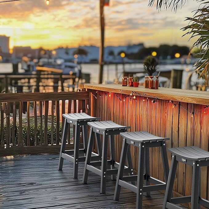 VINGLI 24 Inch Outdoor Bar Stools Set of 4, HDPE Weather Resistance Counter Height Bar Stools Durable Heavy Duty Patio Chairs for Bar Deck Balcony Kitchen Counter and Yard (Gray, 24 Inch 4 PC)
