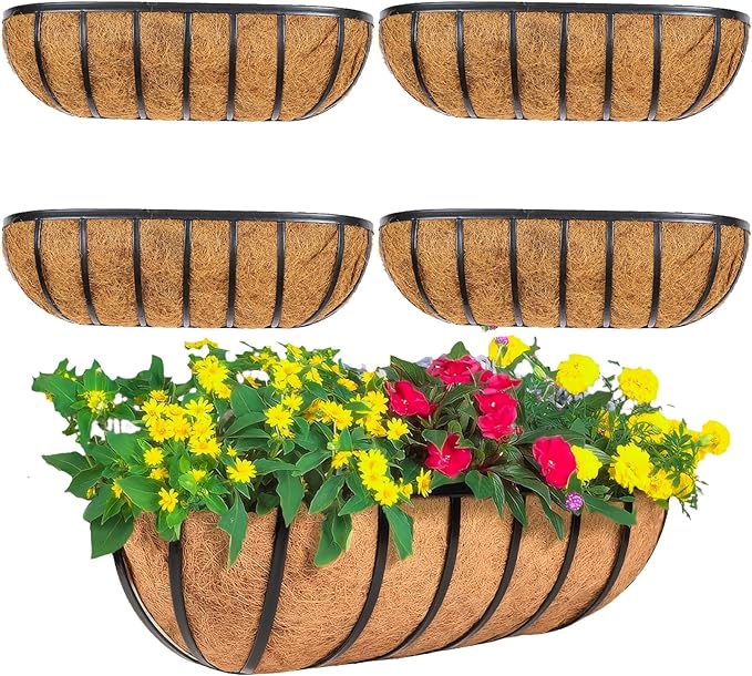 4 Pack 24" Railing Planter Window Box with Coco Fiber Liner Horse Trough Planter The Railing Planter Boxes for Deck Porch Fence Outdoor