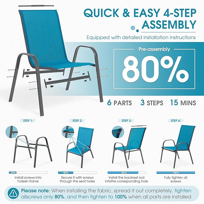 Outdoor Stackable Chairs Set of 6, Stacking Patio Chairs with Textilene Fabric, Outside Furniture for Garden Backyard Balconie Poolside Deck, Blue