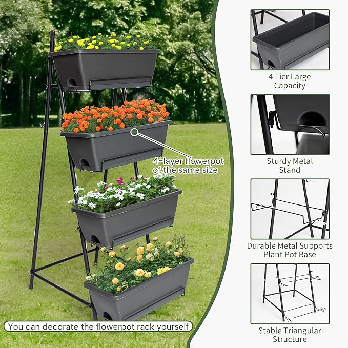 GENMOUS 4 Tier Raised Garden Bed Tall 45'' Vertical Elevated Garden Planter Standing Garden Bed Planter Box with Drainage Holes Removable Tray Outdoor Herb Planter Stand on Patio Balcony Porch Black