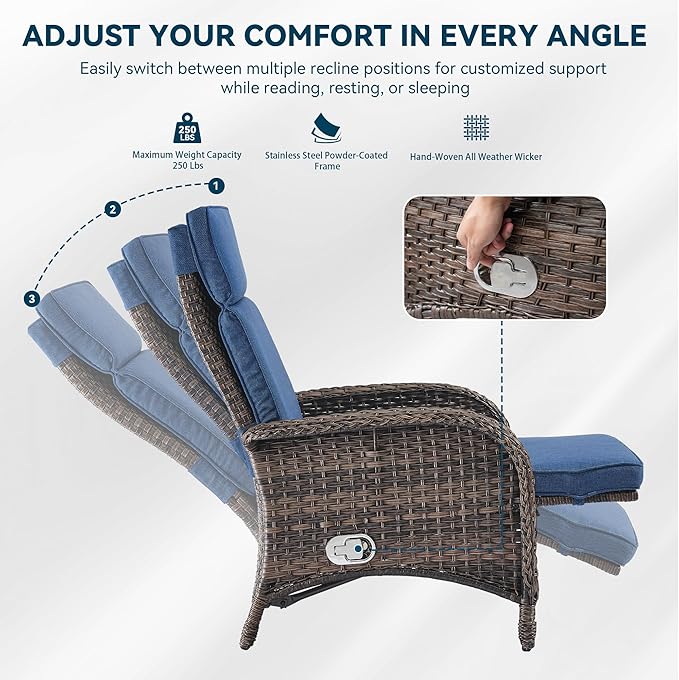 Zero Gravity Wicker Patio Recliner Chairs Set of 2 - Wicker Outdoor Lounge Chair with Adjustable Backrest & Footrest, All Weather Outdoor Reclining Chairs with Thick Cushion for Pool Deck Blue