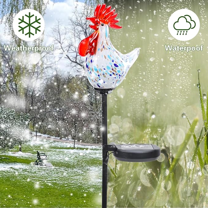 Afirst Decorative Solar Lights Outdoor Solar Rooster Stake Lights Hand Blown Glass Decorative Garden Pathway Lights Outdoor Waterproof Glass Stakes