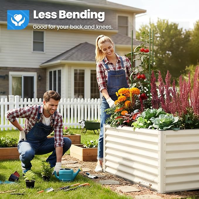 Quictent Galvanized Raised Garden Bed Metal Planter Box Bottomless for Backyard Outdoor, Include 1 pc Tomato Cage, Beige, 6x3x2 Ft