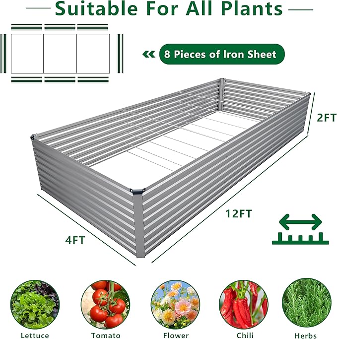 12x4x2FT Galvanized Raised Garden Bed Kit,Vegetable Plant Boxes-Rectangle Metal Flower Box,Large Planter Raised Beds Outdoor Garden for Planting,Fruit,Herb-Silver