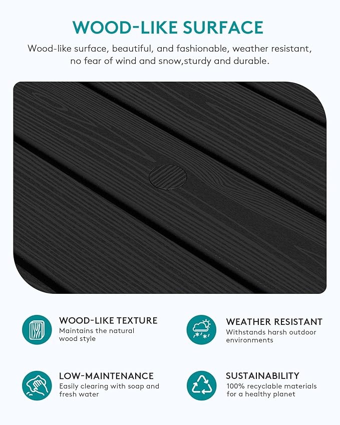 SERWALL Outdoor Coffee Table, HDPE Patio Coffee Table for Outside, Rectangle, Black