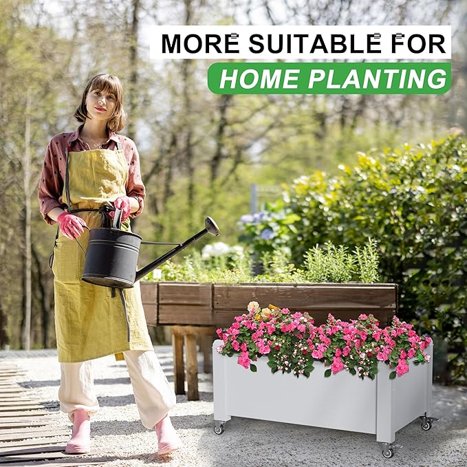 Raised Garden Bed with Wheels, 14 Gallon Self-Watering Raised Planter Box with Drainage Plug & Gauge for Vegetables Flowers Herbs Succulents, Rustproof Resin for Backyard Patio Porch (Ashen)