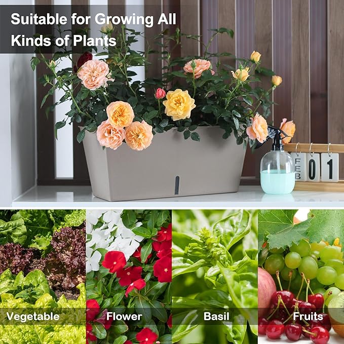 Window Box Planter 6 Pcs, 12.6 Inches Self Watering Rectangle Flower Plant Pots with Drainage Holes & Breathable Trays, Vegetable Planters for Windowsill Patio Garden Balcony Porch Yard (Khaki)