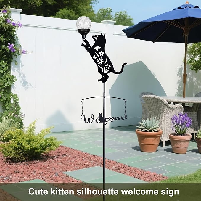 Cat Solar Lights Outdoor Garden Decor,40” Black Cat Stake with Color Changing Crackle Glass Ball Light,Metal Cat Silhouette Welcome Sign for Yard,Lawn,Pathway,Patio,Unique Gift Ideas