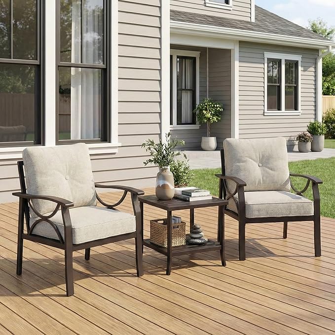 RoyalCraft Outdoor Patio Furniture Set, 3 Pieces Metal Patio Conversation Set with Side Table for Porch Garden Backyard, Beige