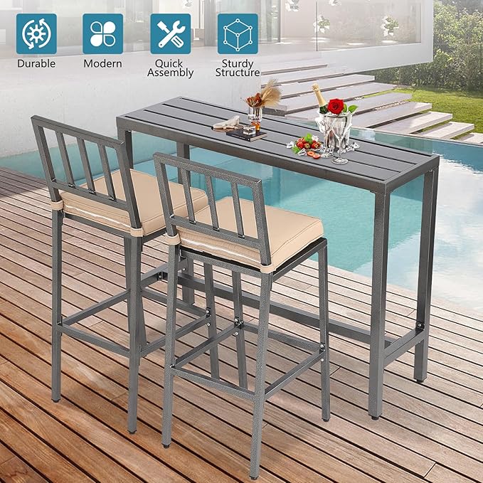 Outdoor Bar Table, Patio Console Pub Height Tables with Powder Coated Steel Frame, Weather Resistant Waterproof Top for Hot Tub, Balcony, Garden, Yard, Poolside (63" Bar Table, Grey)
