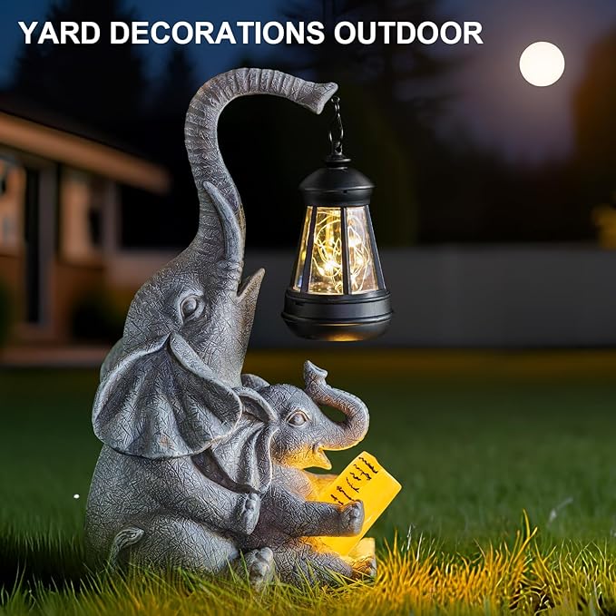 Solar Garden Statue Lights Loving Elephants Figurine with Solar Lantern, Outdoor Yard Decorations for Patio Porch Home, Housewarming Elephant Gifts for Mom, Women