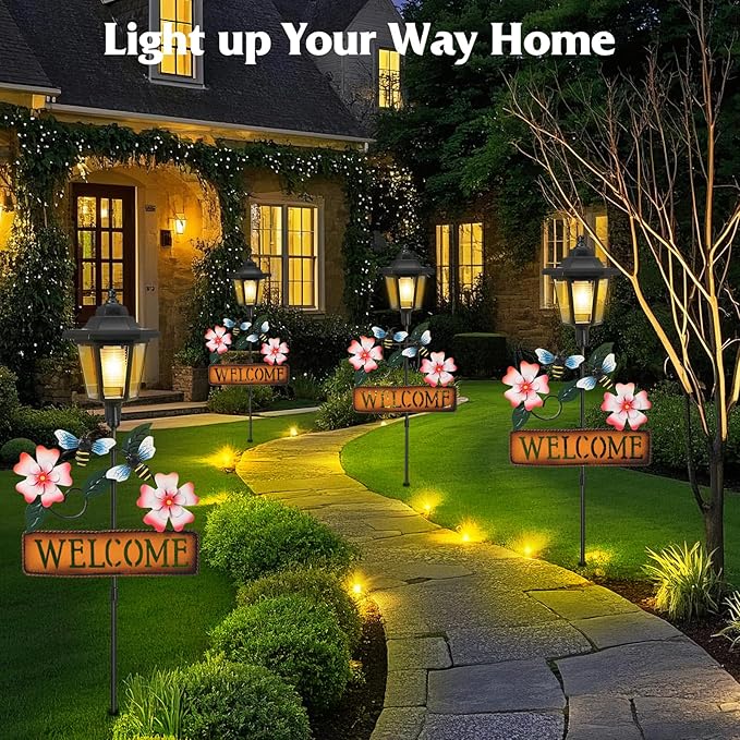 Lewondr Solar Garden Lights Bee, 37.4 Inch Solar Lamp Post Light with Welcome Sign & Bees, Outdoor Waterproof Solar Stake Lights for Yard Porch Patio Pathway Gardening Gifts, 2 Pack