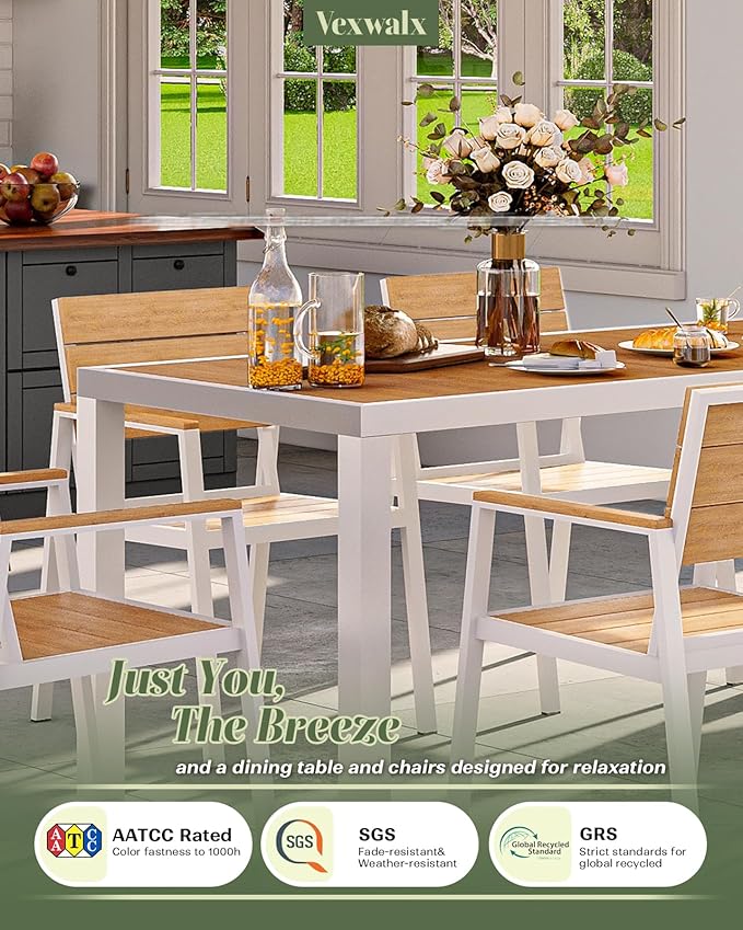 5-Piece Outdoor Dining Set, Aluminum Dining Table Set for 4, Patio Table and Chairs Set with Umbrella Hole, All Weather HDPS Outdoor Table and Chairs for 4 (White-Teak)