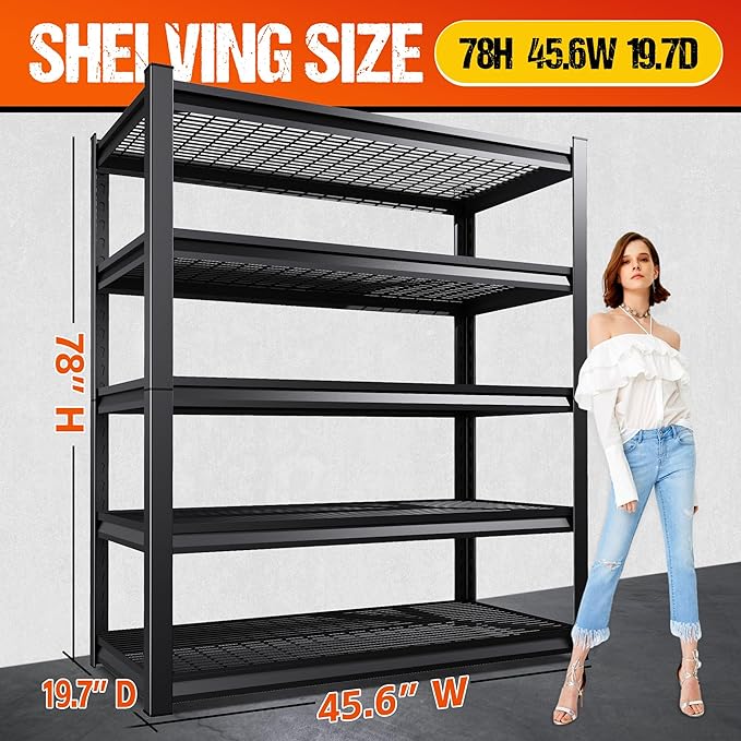 78" H Garage Shelving Heavy Duty Storage Shelves, Adjustable Metal Shelving Unit, Utility Garage Organizer Shelf for Basement, Pantry, Kitchen, Warehouse, Supermarket, 45.6" Wx19.7 Dx78 H