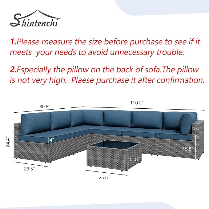 Shintenchi 7 Pieces Outdoor Patio Furniture Sets, Patio Sectional Sofa Couch, Silver Gray PE Wicker Furniture Modular Patio Conversation Sets Patio Sofa with Washable Cushions (Aegean Blue)