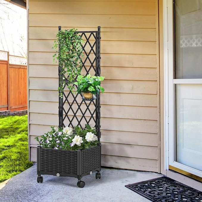 Planter Box with Trellis, 4ft Tall Self-Watering Plastic Raised Garden Beds and Lattice Trellis with Lockable Wheels & Drain Plug for Outdoor Patio Backyard Balcony, Black, 1 Pc