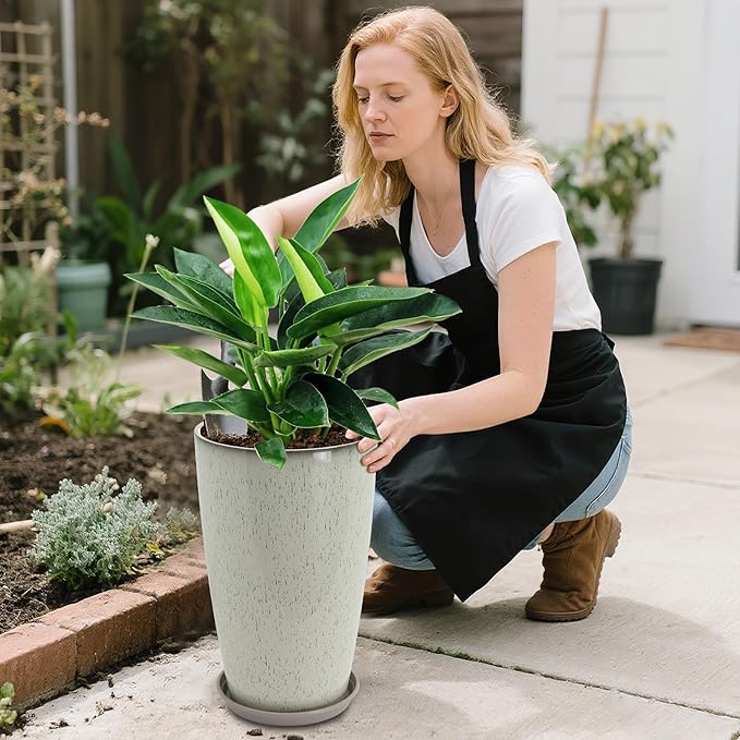 24/21/12 Inch Large Plastic Planter, Lightweight Ceramic-Look Tall Planters with Drain Hole & Saucers, Tall Plastic Planters for Porch, Garden, Patio, Balcony(Glaze Beige)