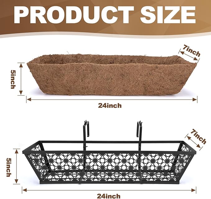 24 Inch Window Box Planters Outdoor,Deck Railing Planter Boxes with Coco Liner,Metal Hanging Window Flower Boxes for Balcony Fence Porch Garden Railing