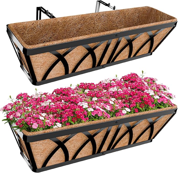 Halatool 2 Pack Heavy-Duty Metal Deck Railing Planter Box, 24 Inch Rust-Resistant Rectangular Window Boxes Planters with Coco Liner & Adjustable Brackets, Grow More On Your Balcony, Patio & Fence