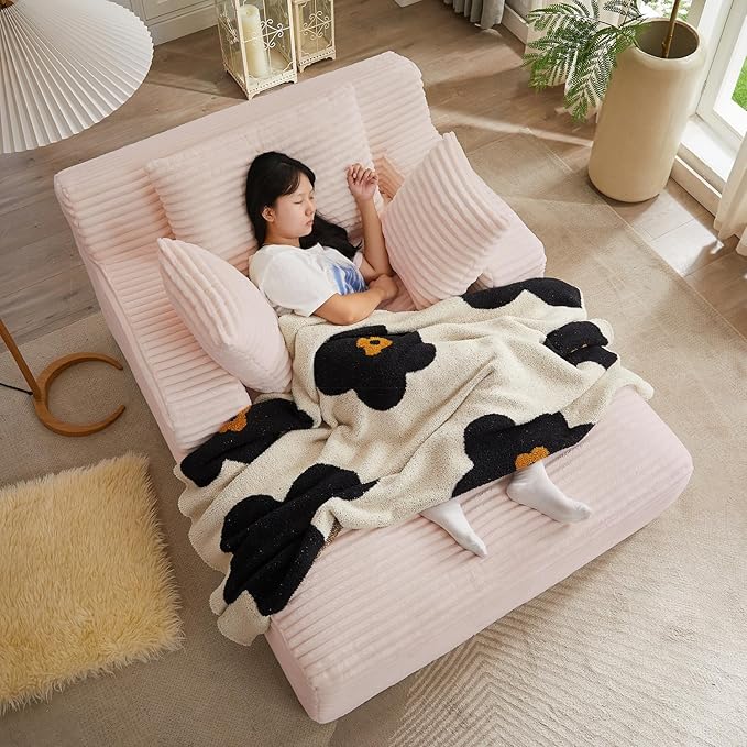 67 Inch Chaise Lounge Chair Indoor, Oversized Corduroy Upholstered Boneless Sofa Bed, Deep Seat Sleeper Couch Reading Chairs, Cloud Sofas Couches for Living Room, No Assembly Required (Pink)
