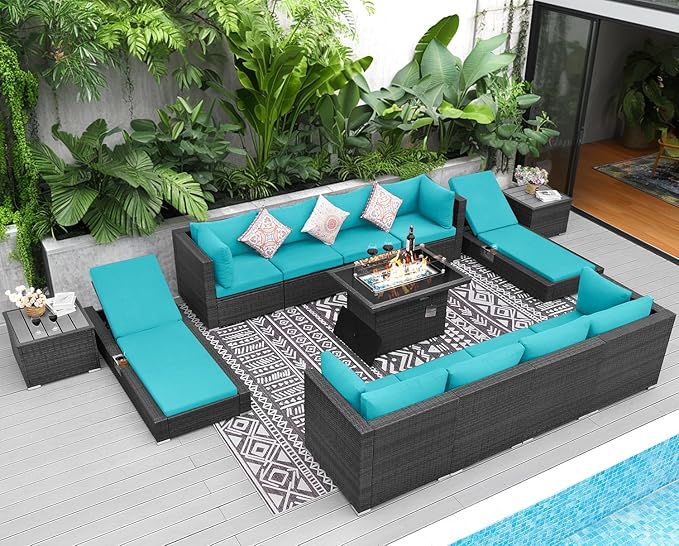 NICESOUL 13 Piece Outdoor Furniture with Fire Pit, Large Patio Couch Set with Fire Pit Table & Chaise Lounge, Modular Sectional Patio Sofa 500 lbs Heavyduty 10-Seat Group, Gray & Turquoise