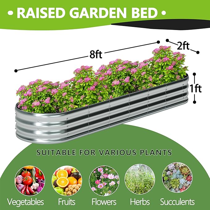 8x2x1ft(2 Pack) Galvanized Oval Raised Garden Bed,Outdoor Planter Box Metal Patio Kit Planting Bed for Vegetables Flowers Herb,Silver