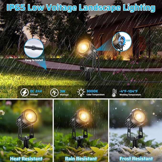 All-in-One Low Voltage Landscape Lighting Kit, 8 Pack Landscape Lights with Smart Transformer, Dimmable Waterproof Outdoor LED SpotLights, 24V LED Landscape Lights for Yard, Garden(Warm White)