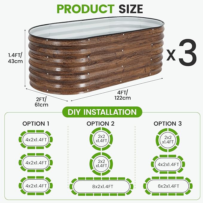 Galvanized Raised Garden Bed Outdoor |17'' Tall Planter Box Outdoor for Deep Root Plants | 3Pcs Raised Bed Kit for Gardening with Rubber Strip for Vegetables Flowers Fruits (Grain, 4x2x1.4FT)