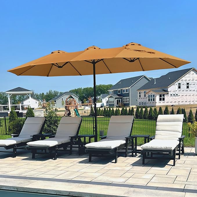 PHI VILLA 15ft Large Patio Umbrellas with Base, Outdoor Double-Sided Rectangle Market Umbrella for Pool Lawn Garden, Tawny