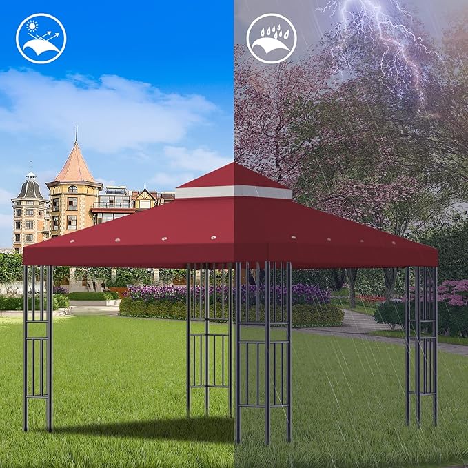 Sumfaller 10x10 FT Gazebo Replacement Canopy Top Cover Double Tiered Canopy Top Cover for Outdoor BBQ Roof Cover Grill Shelter (Red)
