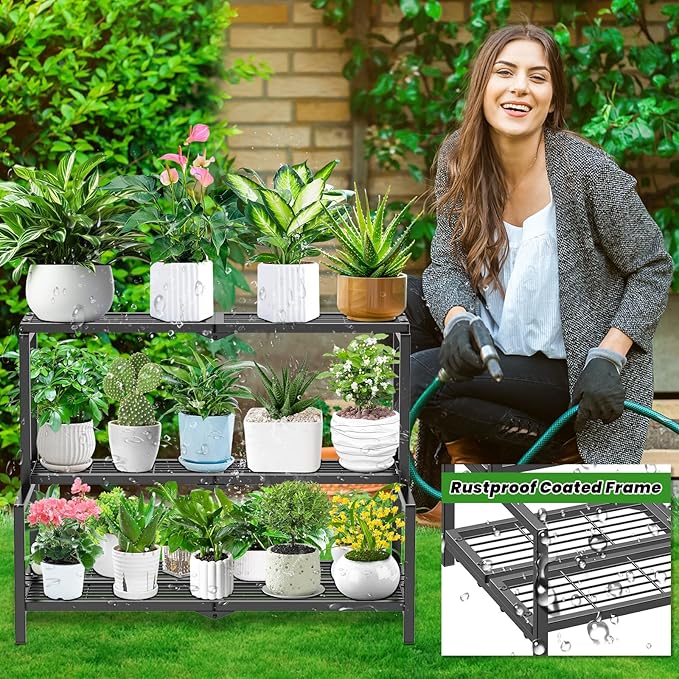 3 Tier Stair Style Metal Plant Stand for Indoor Outdoor, Heavy Duty Plant Display Shelf for Multiple Plants, Garden Rack Flower Pot Holder for Living Room Patio Balcony