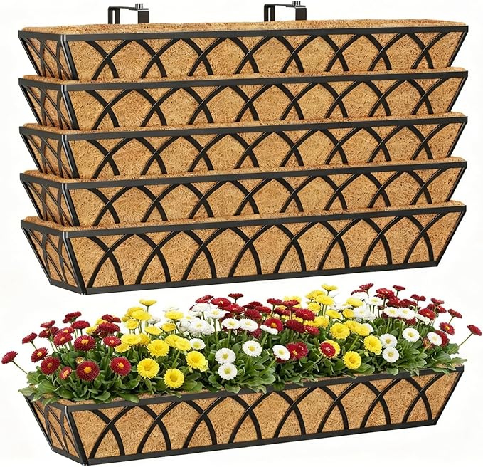 Y&M 30 Inch Window Deck with Coco Liner, Fence Metal Hanging Flower Planter Window Basket Deck Railing Planter Boxes for Outdoor Garden Lawn,6pcs