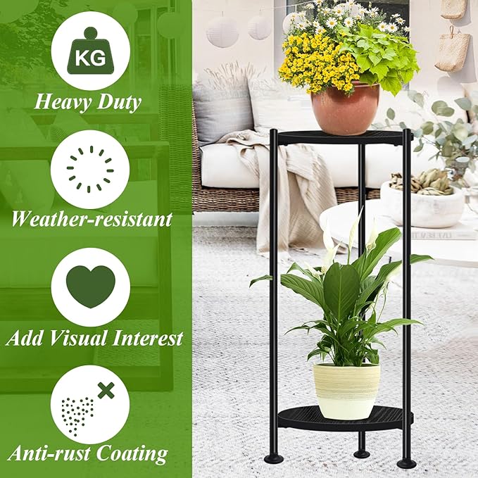 Plant Stand Indoor Outdoor, 30'' Tall Plant Stands for Indoor Plants, Heavy Duty Indoor Plant Shelf, 2 Tier Display Rack for Living Room, Balcony, Deck, Black