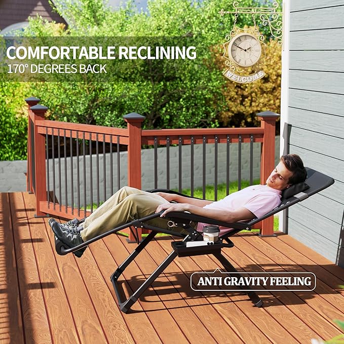 UDPATIO Oversized Zero Gravity Chair, 33In XXL Patio Reclining Chair with Cushion, Outdoor Folding Recliner with Pillows|Cup Holder|Foot Rest|Padded Headrest, Navy Blue, Support 500LB