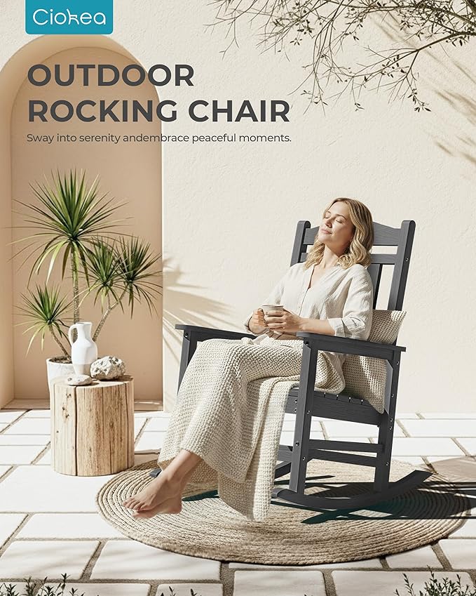 Ciokea Oversized Outdoor Rocking Chairs Set of 2, 380lbs Heavy-Duty Large Patio Rocker, High Back Cozy Porch Chairs, Weather Resistant Patio Rocking Chairs for Outside, Fire Pit, Deck, Dark Grey