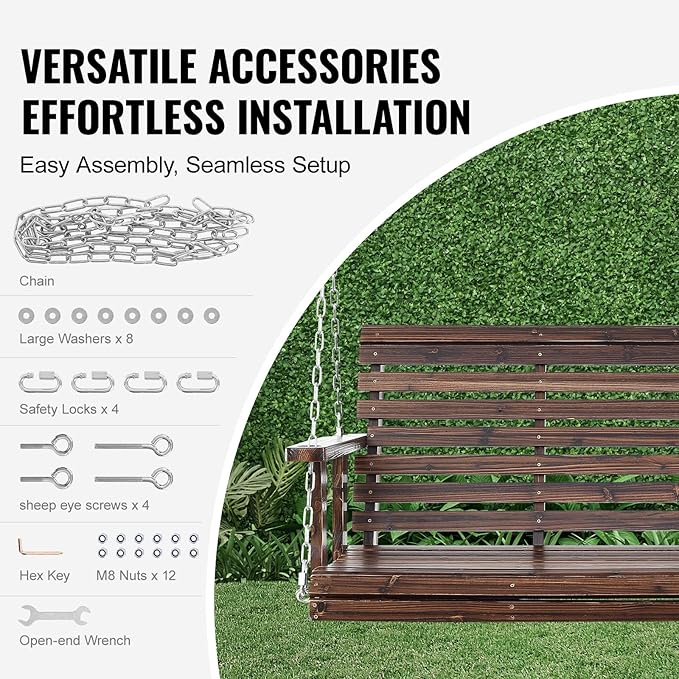 VEVOR Outdoor Wooden Porch Swing, 880lbs 4.5FT Heavy Duty Haning Porch Swings Bench Chair for Patio, Garden and Courtyard