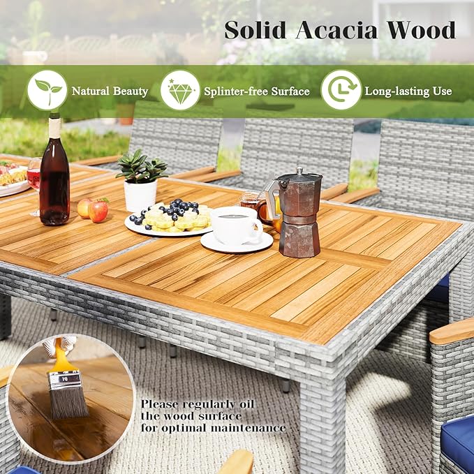 Tangkula 9 Pieces Rattan Outdoor Dining Set for 8, Outdoor Acacia Wood Table Set with 8 Cushioned Wicker Chairs, Umbrella Hole, Patio Dining Furniture Set for Deck Pool Backyard