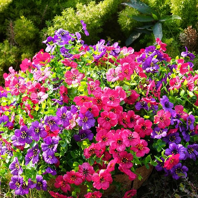 Artificial Flowers for Outdoor, UV Resistant Fake Silk Flowers, Realistic Faux Plants for Outside Indoor Porch Patio Window Box Planter Home Decor (14, Yellow Purple Rosy Pink)