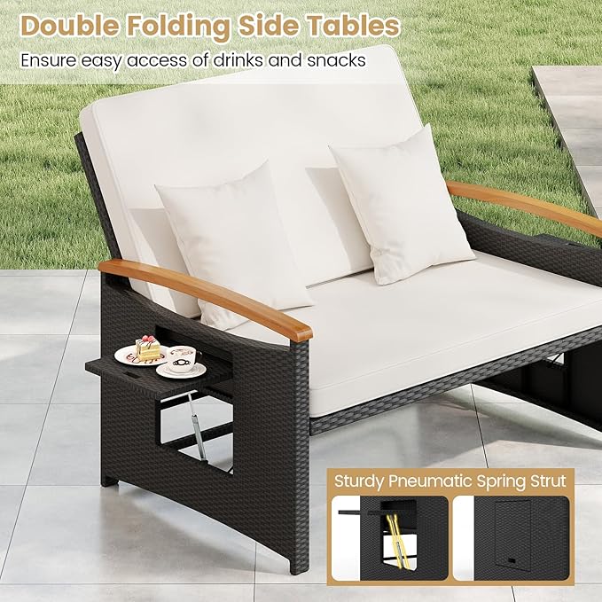 Tangkula Patio Rattan Daybed with 4-Level Adjustable Backrest, Outdoor Wicker Loveseat with Acacia Wood Armrest, Storage Ottoman & Folding Tray, Double Sunbed for Yard & Poolside (White & Black)