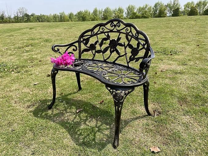 Mandolin Outdoor Park Garden Chair,All Chair Anti Rust Cast Aluminum Patio Yard Bench,Carved Rose Loveseat Bench for Backyard .Porch.Balcony.Lawn (Copper)